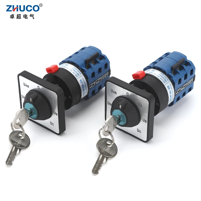 ZHUCO SZW26/LW26-20C YH5.3Y 20A 3 Poles 7 Positions Voltmeter Selector Rotary Cam Changeover Switch With Key