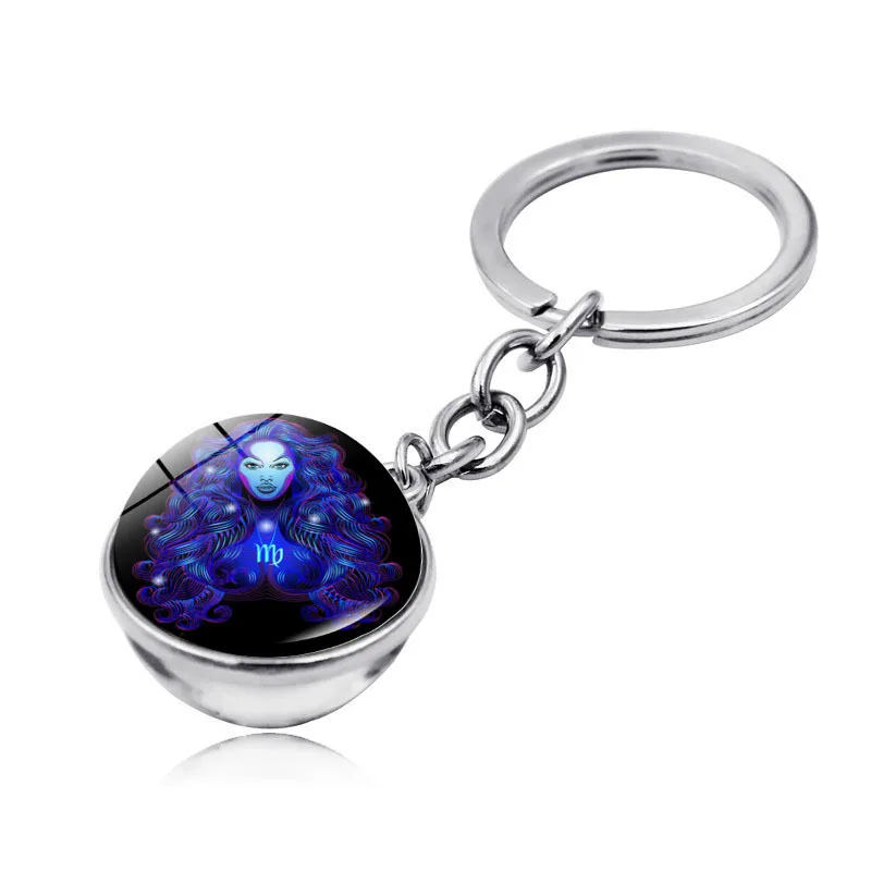 Zodiac Sign Keychain 12 Constellation Leo Virgo Libra Scorpio Sagittarius Keychain Double Side Glass Ball KeyRing Birthday K2419