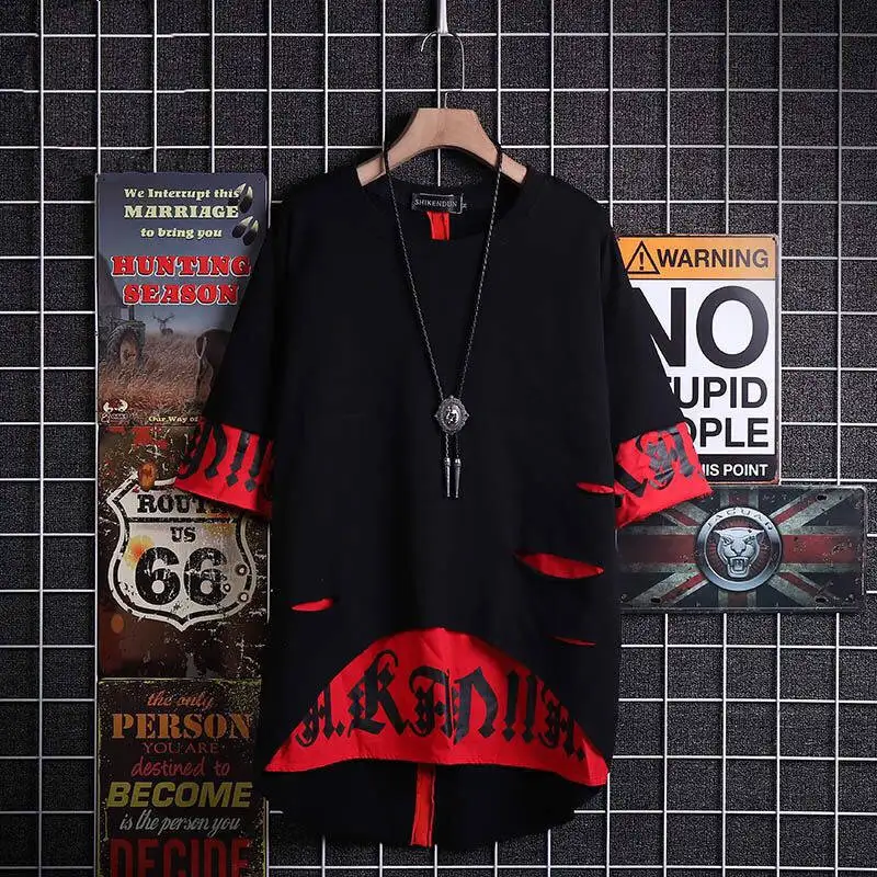 Hip Hop T Shirt Half Sleeve Mens Casual Harajuku T Shirts Fashion Patchwork T Shirt Black Summer Cotton Tshirt Streetwear Men