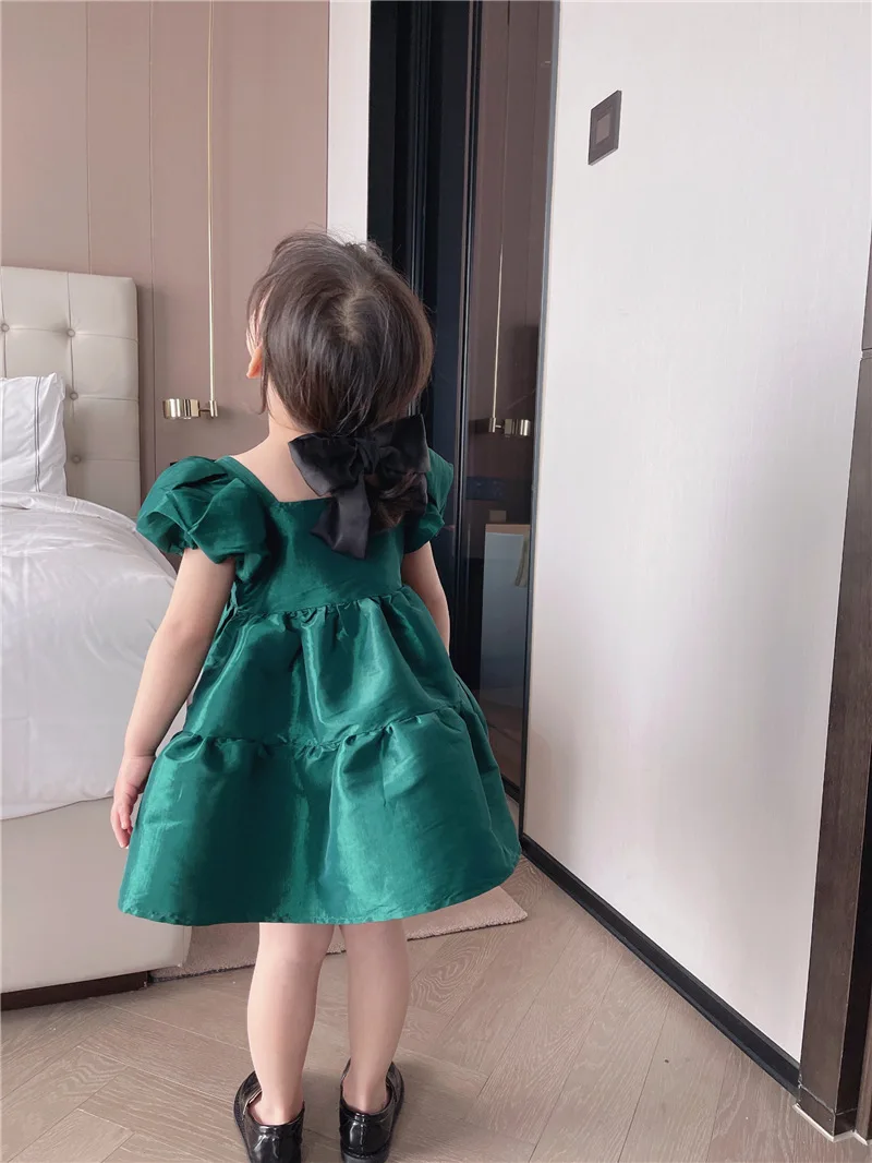 Green Bubble Parent-child Dress Family Matching Outfits Clothes Baby Girls Mom Princess Dress Fashion Summer Women Kids Costume