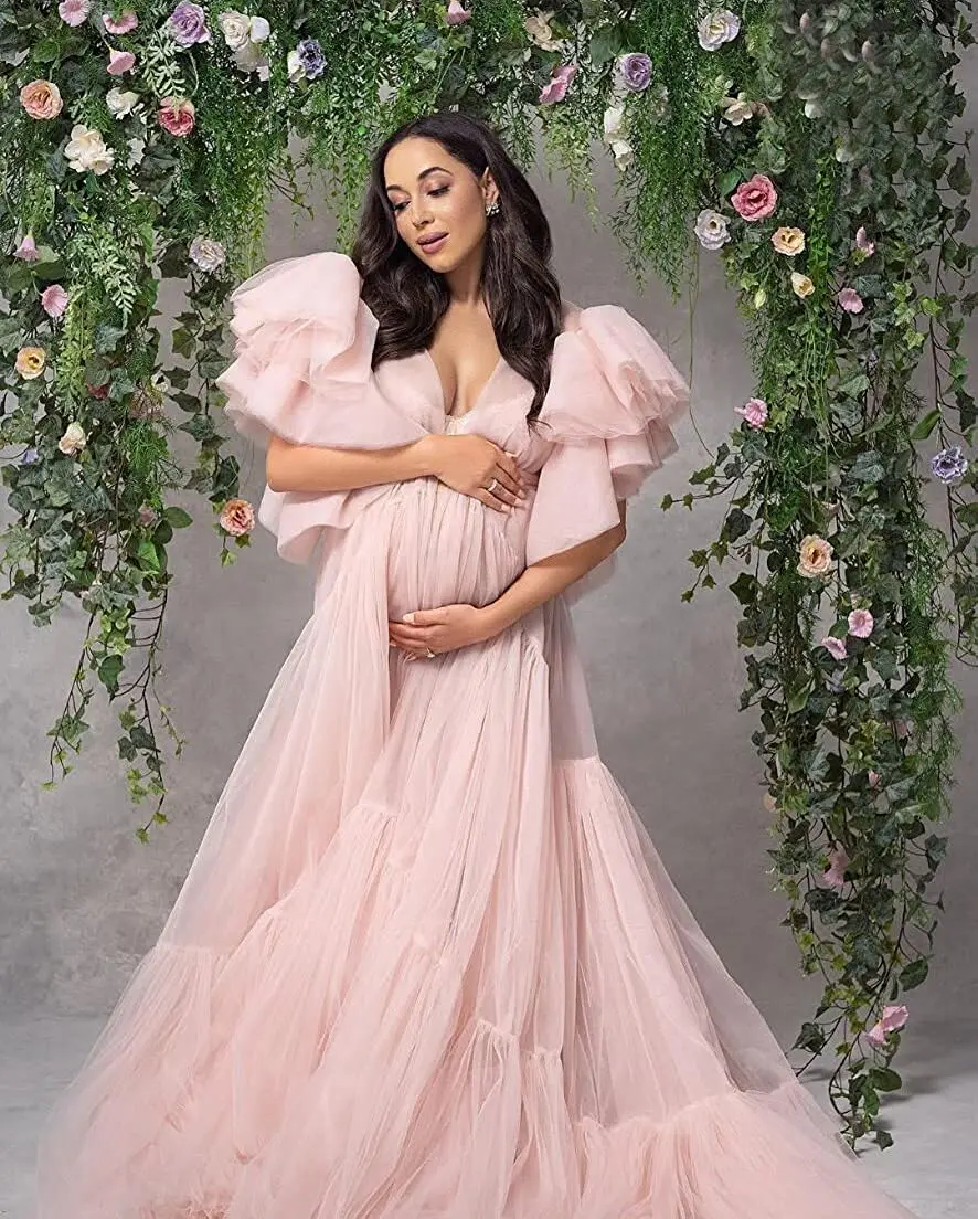 Materinty Photoshoot Pregnant Women Robe Bridal Shawl Corset Dress Puffy Sleeves Fluffy Multilayer Fotografie Gowns with Belt