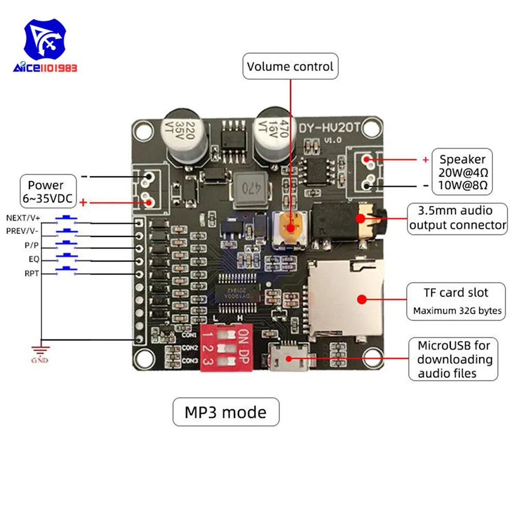 diymore 10W/20W Voice Playback Module Board MP3 Music Player SD/TF Card Integrated I/O Trigger UART Protocol Control for Arduino