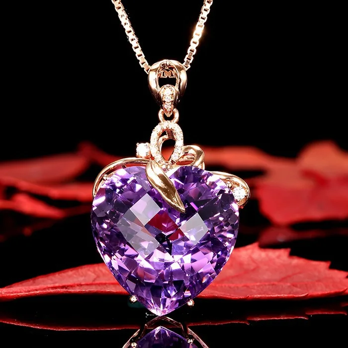 Heart Shape 18K Rose Gold Pendant Amethyst Stone Silver Color Party Wedding Pendant necalace for women Statement Jewelry