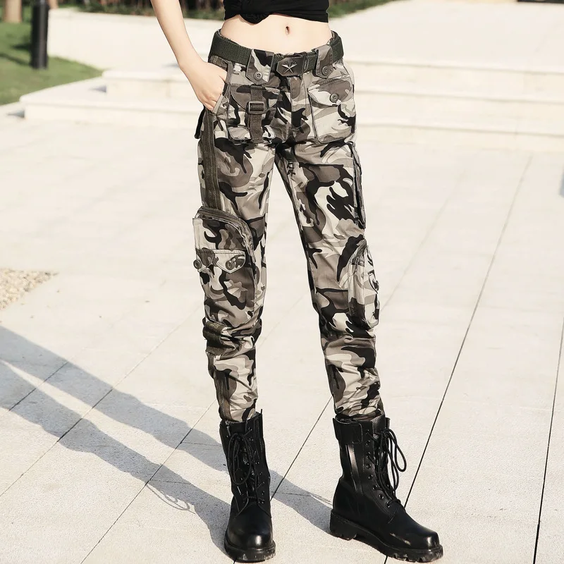 Women Military Cargo Pants Multi Pockets Army Style Women Cotton Armygreen Tactical Pants Zippered Leg Opening Camouflage Pants