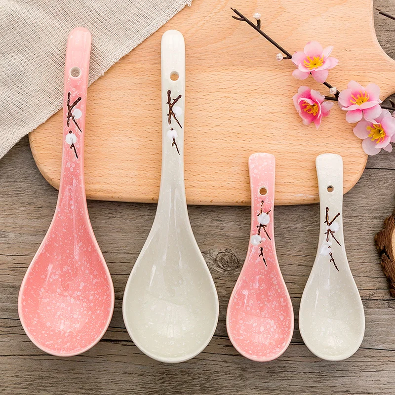 Pink Girl Heart Cherry Blossom Season Household Ladel Ceramic Soup Long Handle Spoon Bone China Porridge Spoon Porridge Spoon