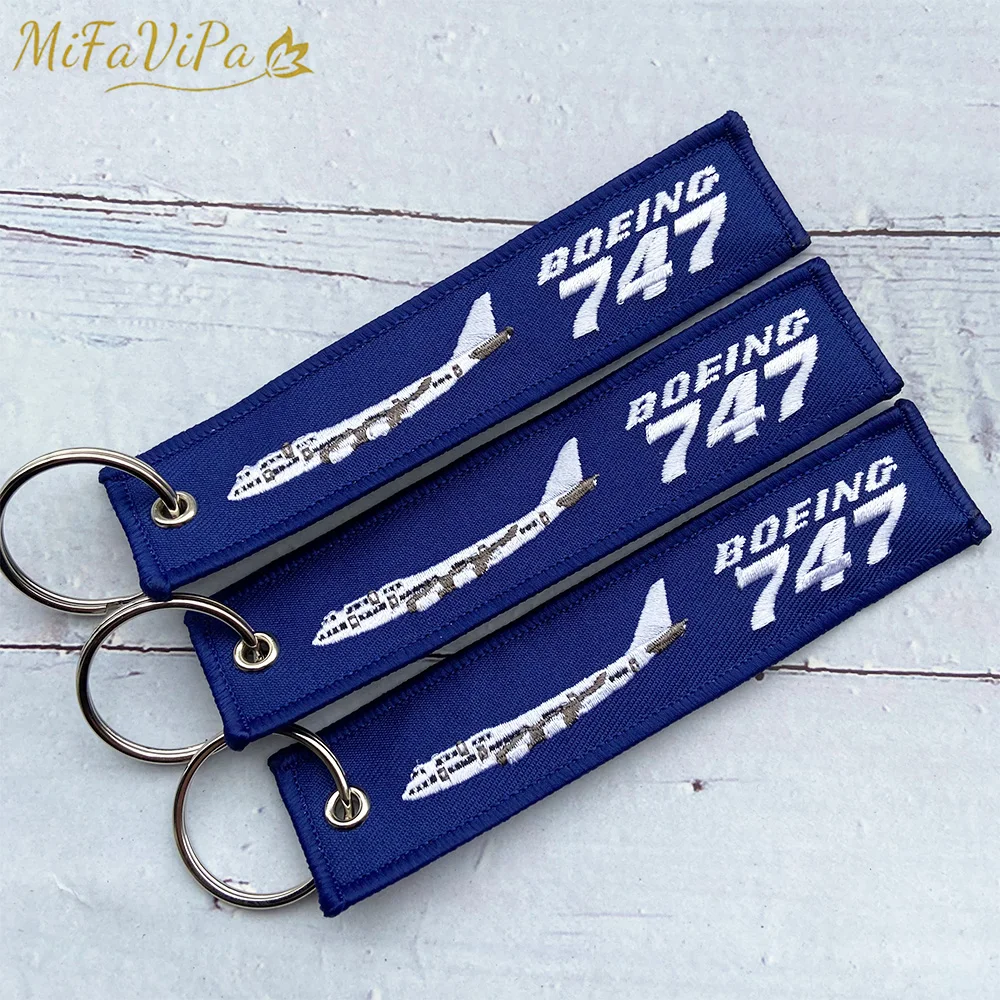 3 PCS Fashion Trinket Boeing 747 Keychain Phone Strap Blue Embroidery Aviation Key Chains for Men Flight Crew Gift Key Rings