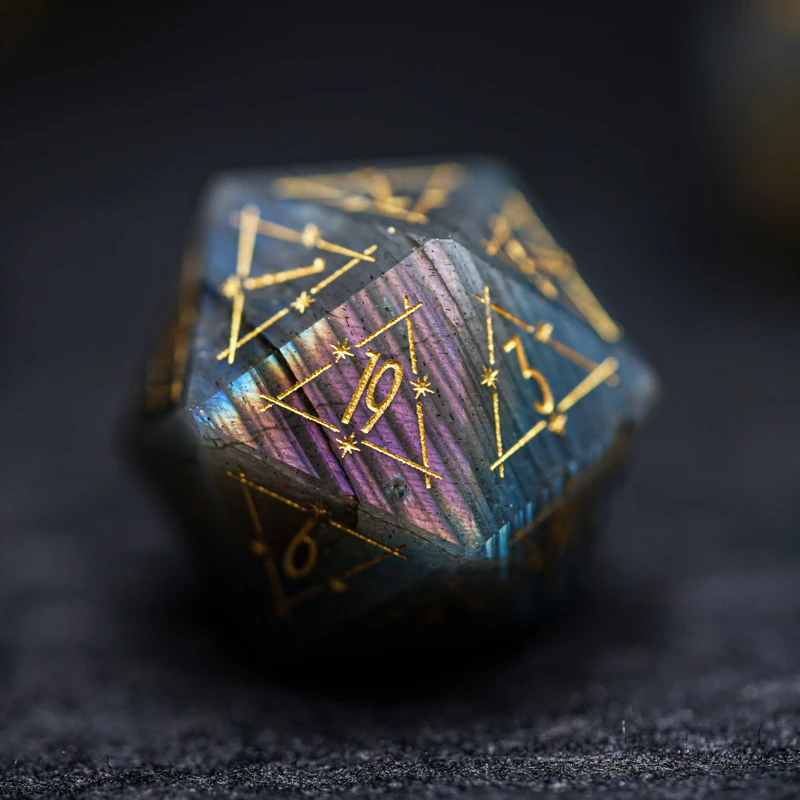 Natural Labradorite Gems Dice Magic Matrix Symbol Stone Engrave Polyhedral Dice Starry Sky Dice For DND RPG COC Table Games