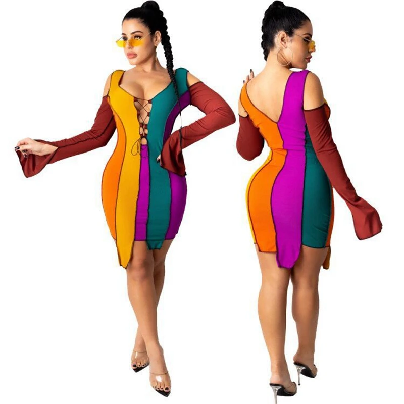 Vestido corto de encaje con retazos para mujer, minivestido Sexy para fiesta de Navidad, manga larga, vestido elegante Bodycon