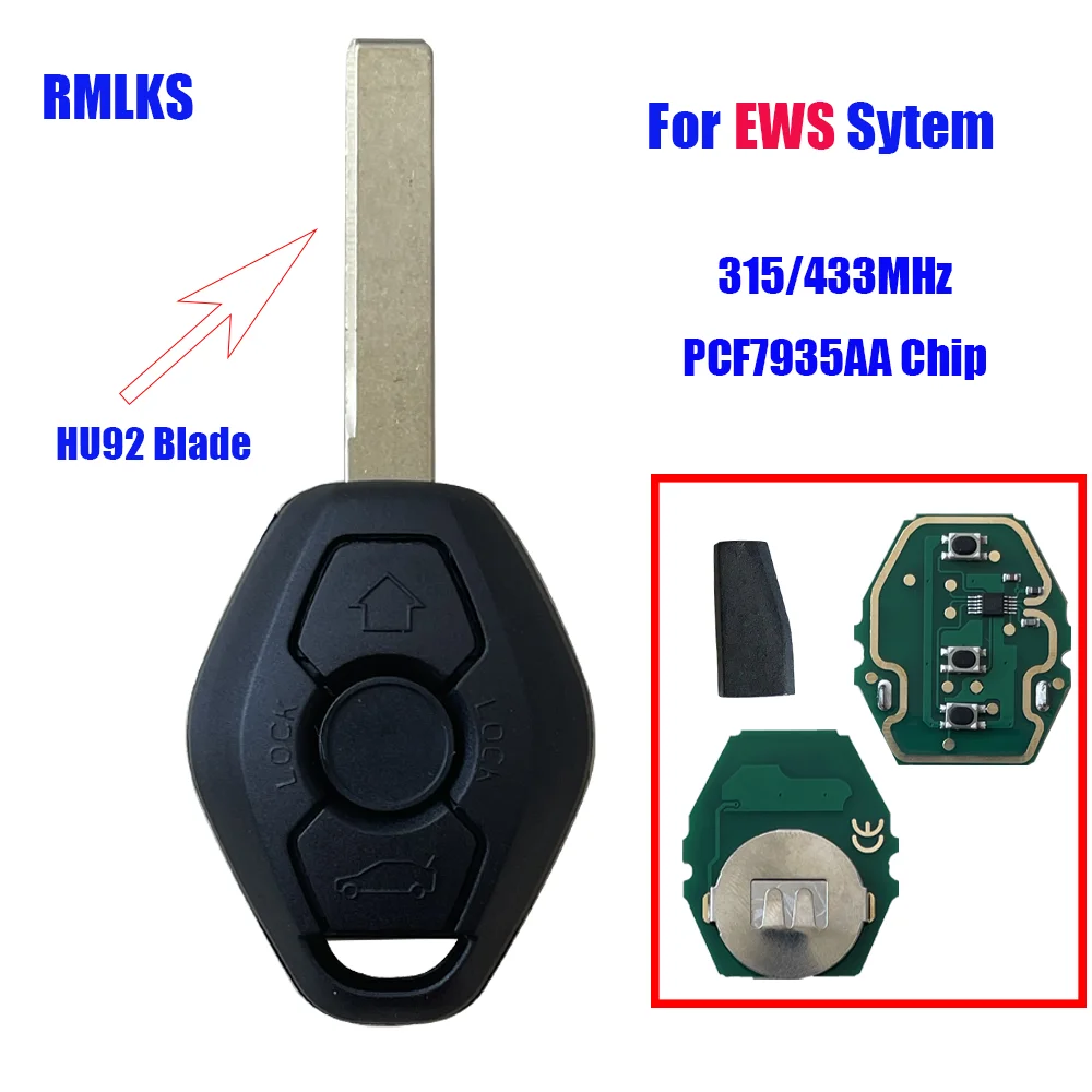 Clé télécommande à 3 boutons, 315/433MHz, pour BMW E38, E39, E46, EWS, système ID44, puce PCF7935, lame non coupée, FCC ID: LX8, FZV