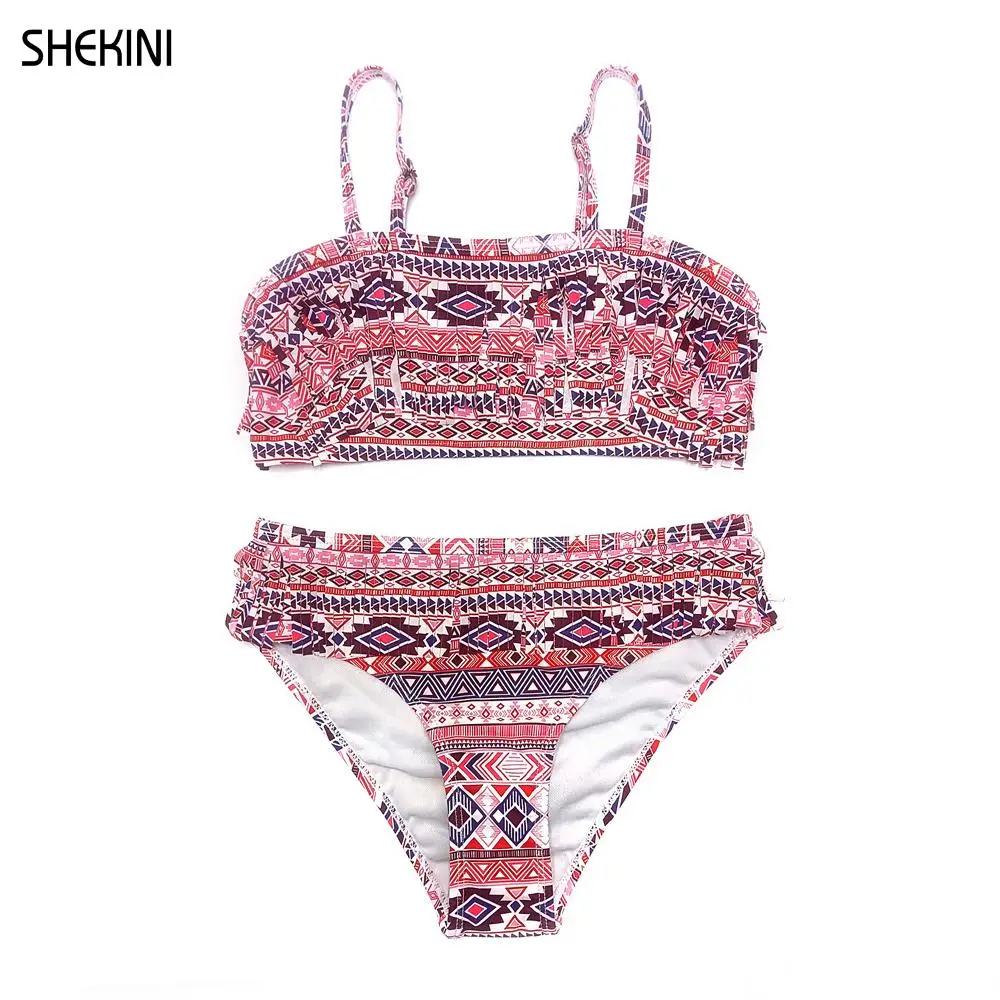 SHEKINI Mädchen Badeanzug der Leopard Drucken Bandeau Teenager Mädchen Bikini Set Vintage Fringe Zwei Stück Bademode Teen Strand Badeanzug