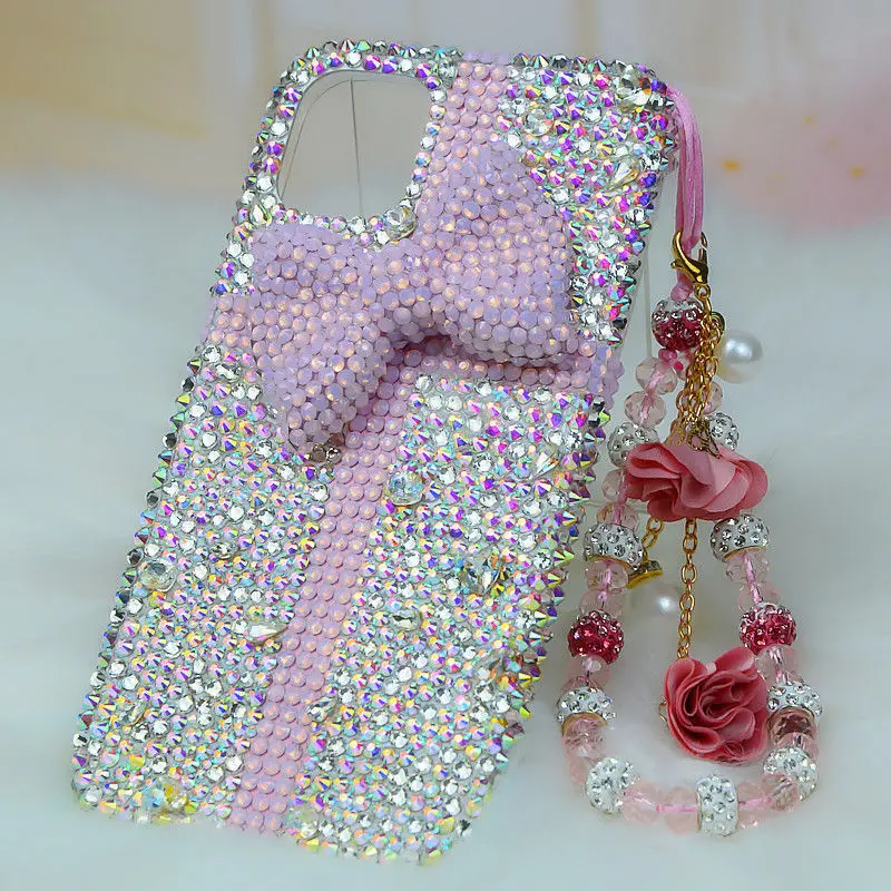 Handmade Diamond Cute Pink Bow Back Cover for IPhone 12 Pro Max Case for Iphone12 Mini X Xr Xs 11 Pro Max Case with Wrist Chain