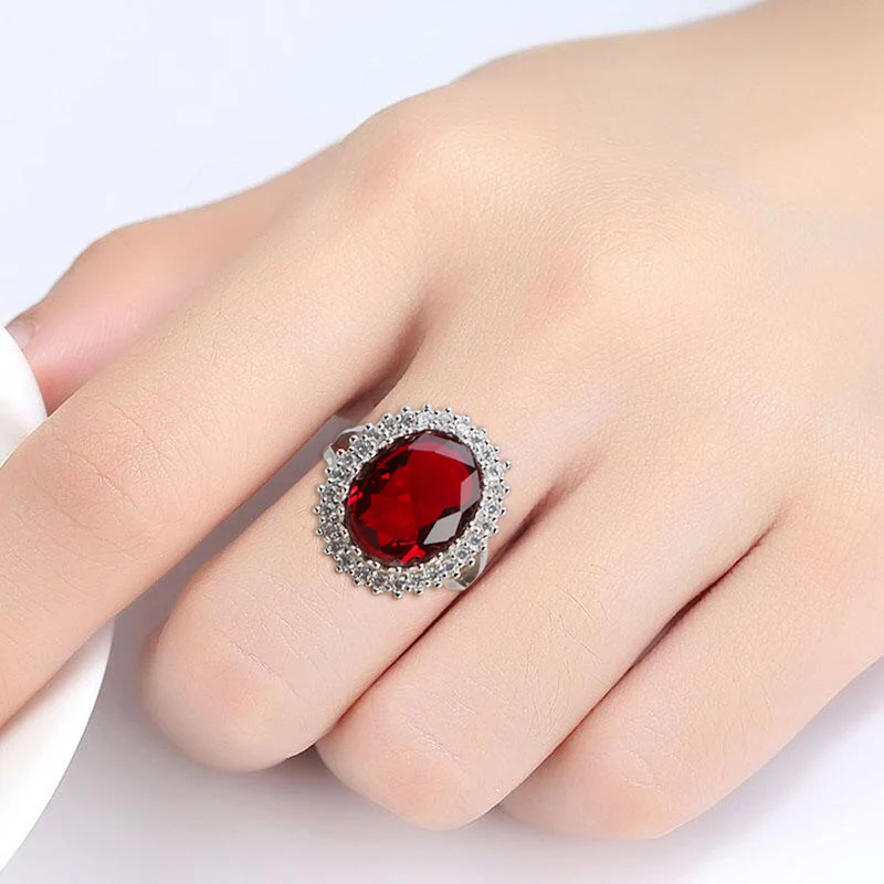 Cellacity Silver 925 Jewelry Geometry Ruby Ring for Women Large Oval Gemstones Accessory Trendy Anniversary Gifts Size6,7,8,9,10