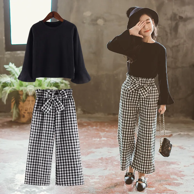 Baby Girls Clothes Sets Fashion Toldder Kids Solid Black Long T Shirt Tops Plaid Bow Pants Outfits 3 4 6 8 9 10 11 12 14 Years