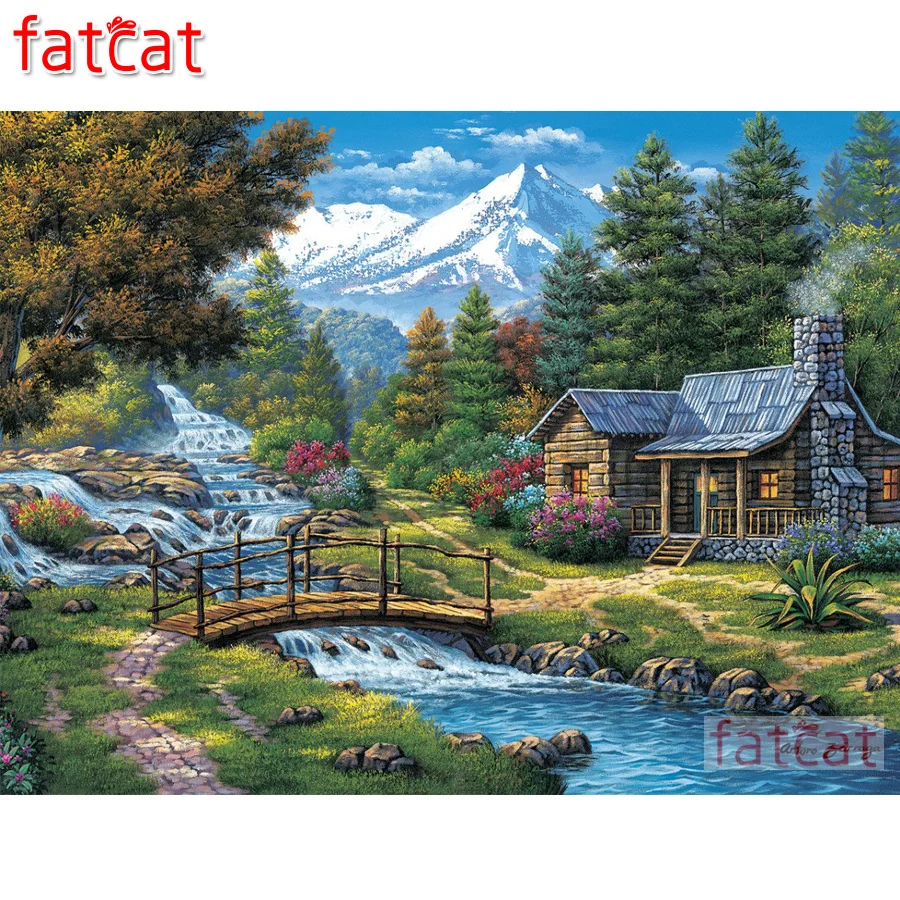 FATCAT 5d fai da te diamante pittura Neve fiume di montagna cascata capanna scenario pieno rotondo quadrato punta di diamante del ricamo di vendita