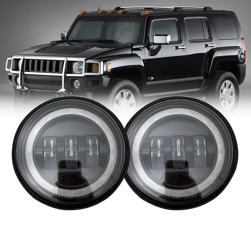 2PCS LED Fog Lights for Hummer H2 2003-2009 Car Front Passing Fog Lamp with White DRL Halo Ring Angel Eyes