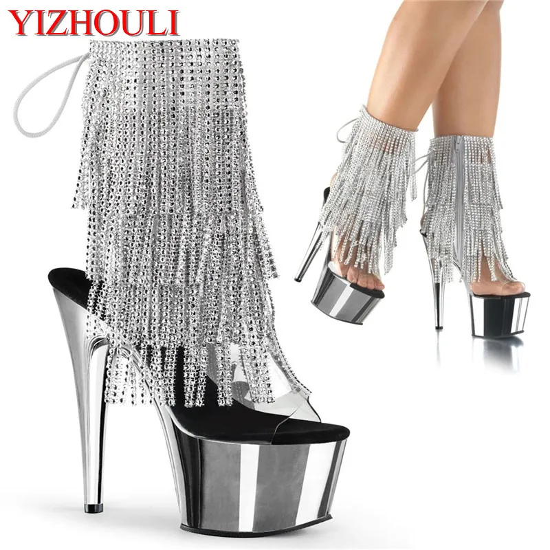 

17cm pole dancing shoes, 7in sexy ankle boots, beaded upper, stiletto plating waterproof platform, stage show boots