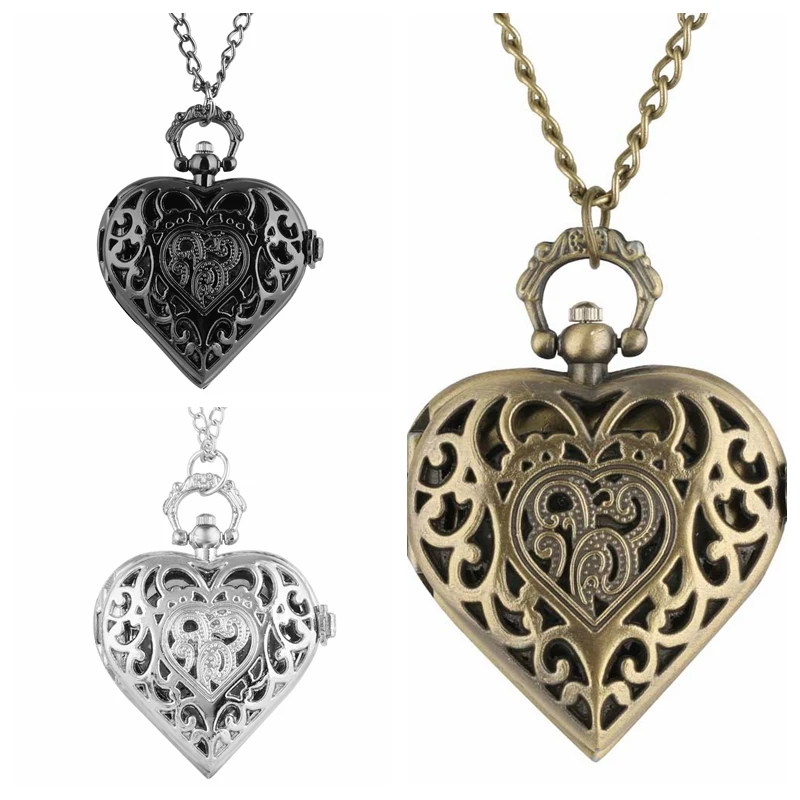 LOVE Heart Shape Quartz Pocket Watch Bronze/Silver/Black Necklace Pendant Chain Ladies Watch Best Souvenir Gifts for Girls Women