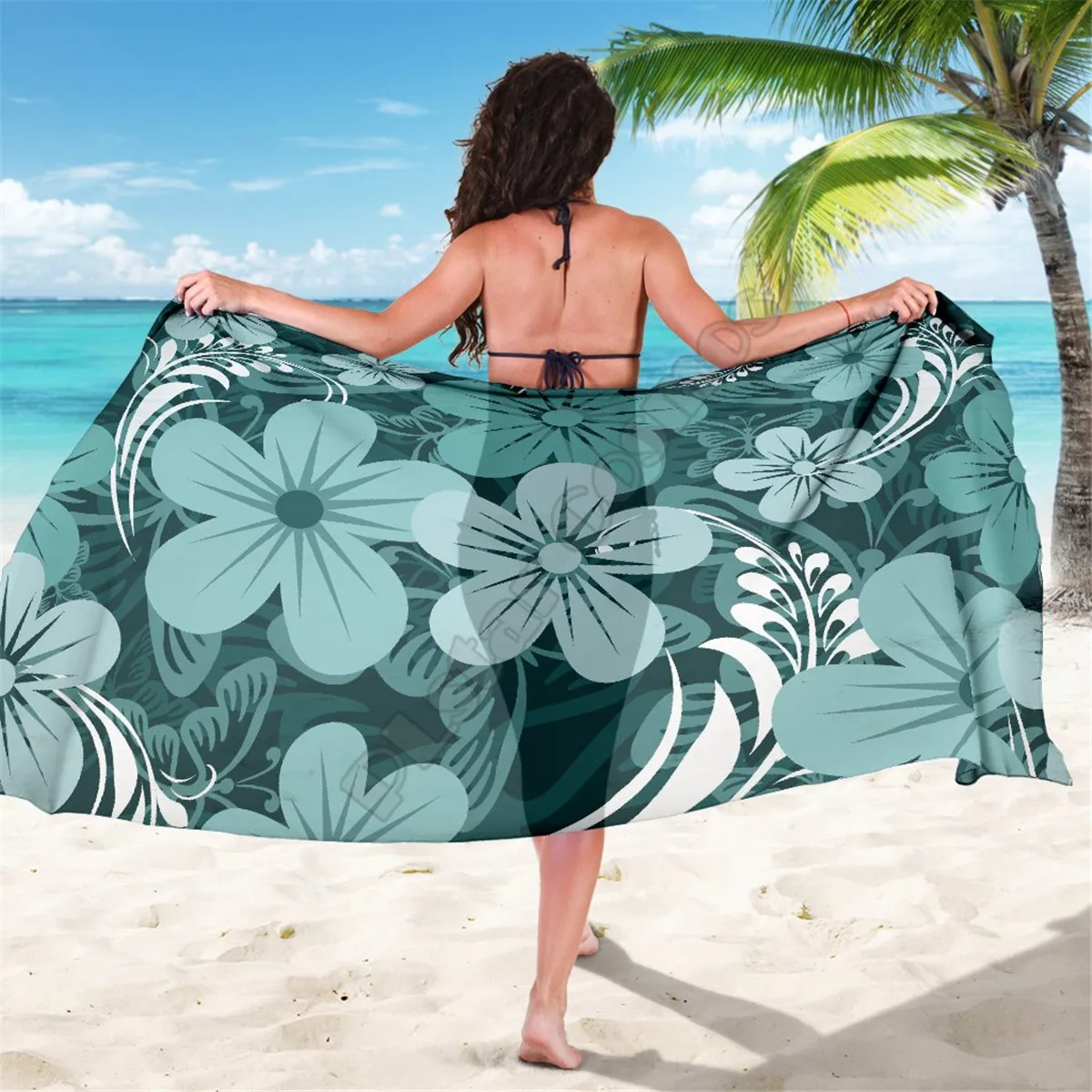 

Teal Green Aloha Flowers Sarong 3D printed Towel Summer Seaside resort Casual Bohemian style Beach Towel