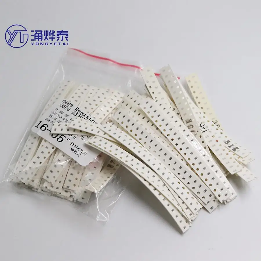 YYT  0603 SMD Resistor Kit Assorted Kit 1ohm-1M ohm 1% 33valuesX20pcs=660pcs Sample Kit