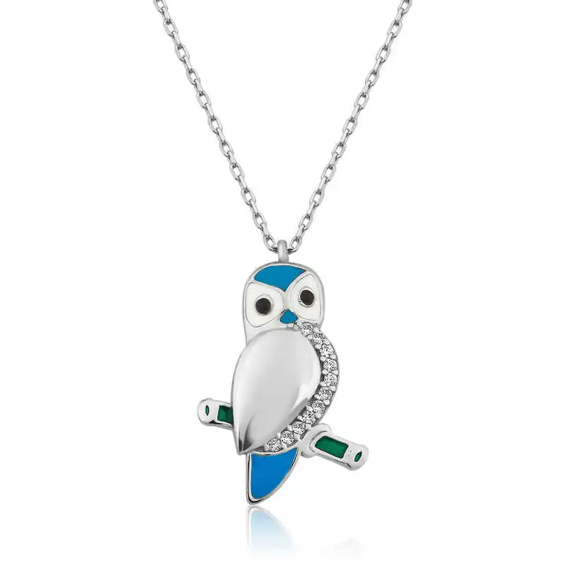 Silver Owl Women Necklace Zircon Stone 925 Sterling Women Fine Jewelry Wedding Party Birthday Gift - Box - Pendant - Chain Choker - Female - Ladies - Fashion