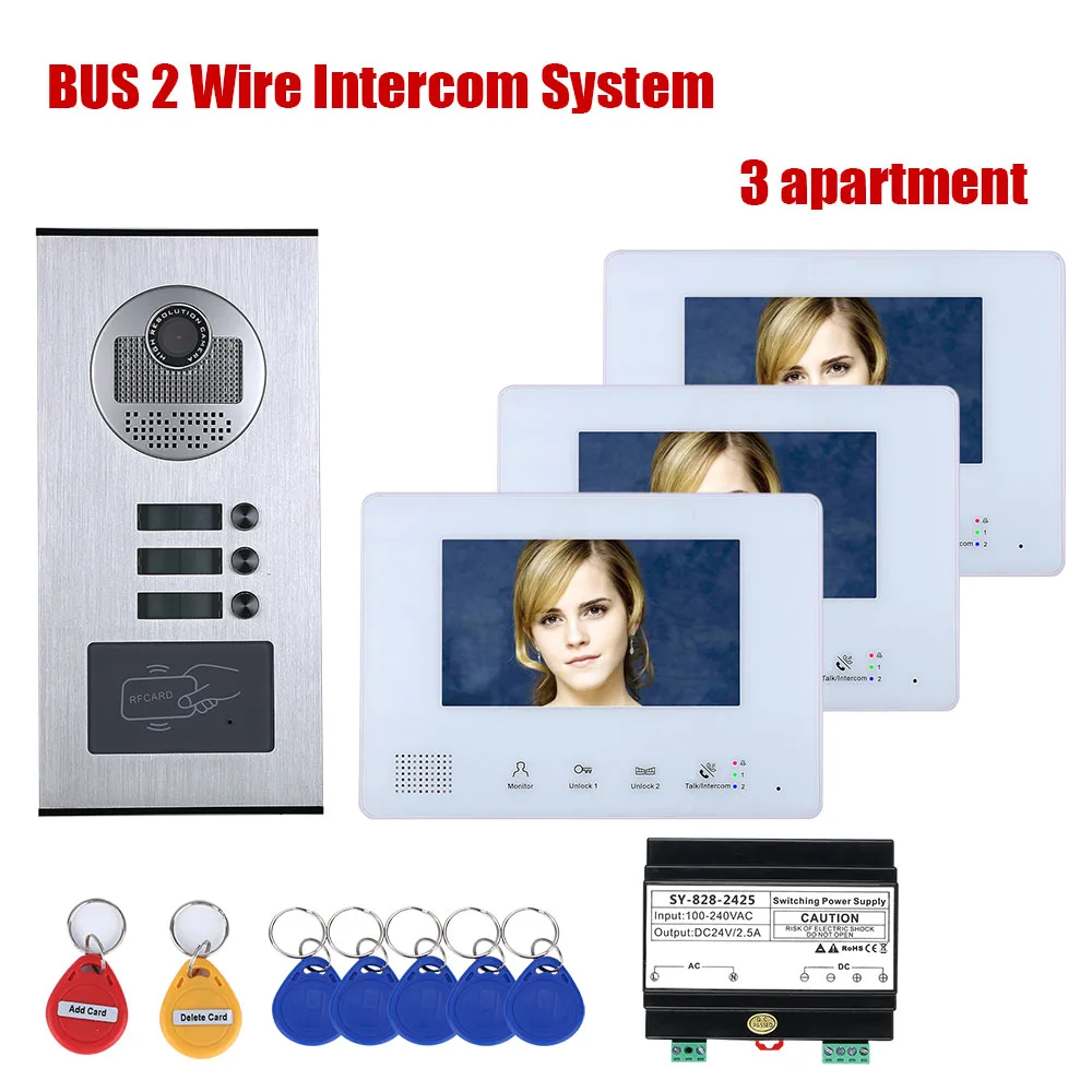 7 Inch BUS 2 Wire Video Door Phone Intercom systems Kit for home 2/3/4/5/6 Units Apartment  Night Vision