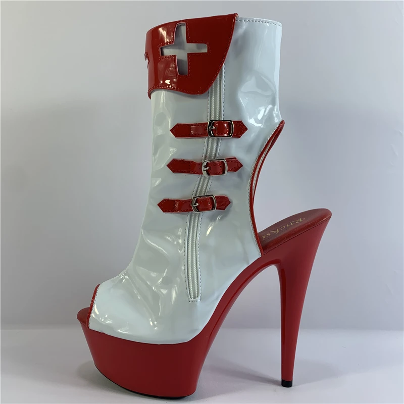 Unique sexy nurse fun color fish mouth exposed with low tube bare boots 15 cm thin with CD oversize female boots