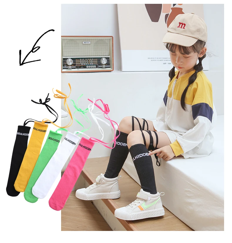 Neue Prinzessinnen-Mädchen Overknee-Socken mit Schleifen-Buchstaben-Stickerei, Hohe Kniestrümpfe für Mädchen, Baumwoll-Wärmersocken, Bunte Strümpfe – Detail 7