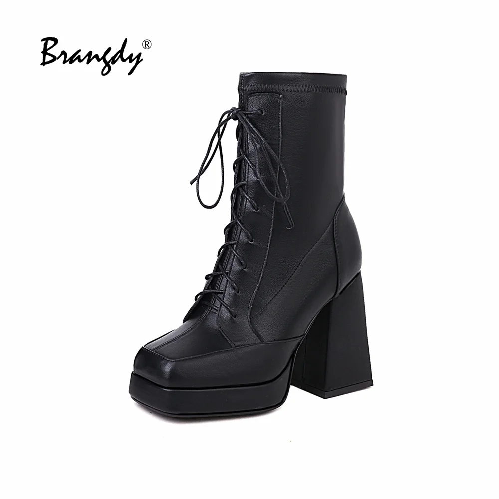 Brangdy Female Platform Demi-Season Boots For Woemn PU Leather Round Toe Motorcycle Boots Working Chunky Heels Shoes Woman