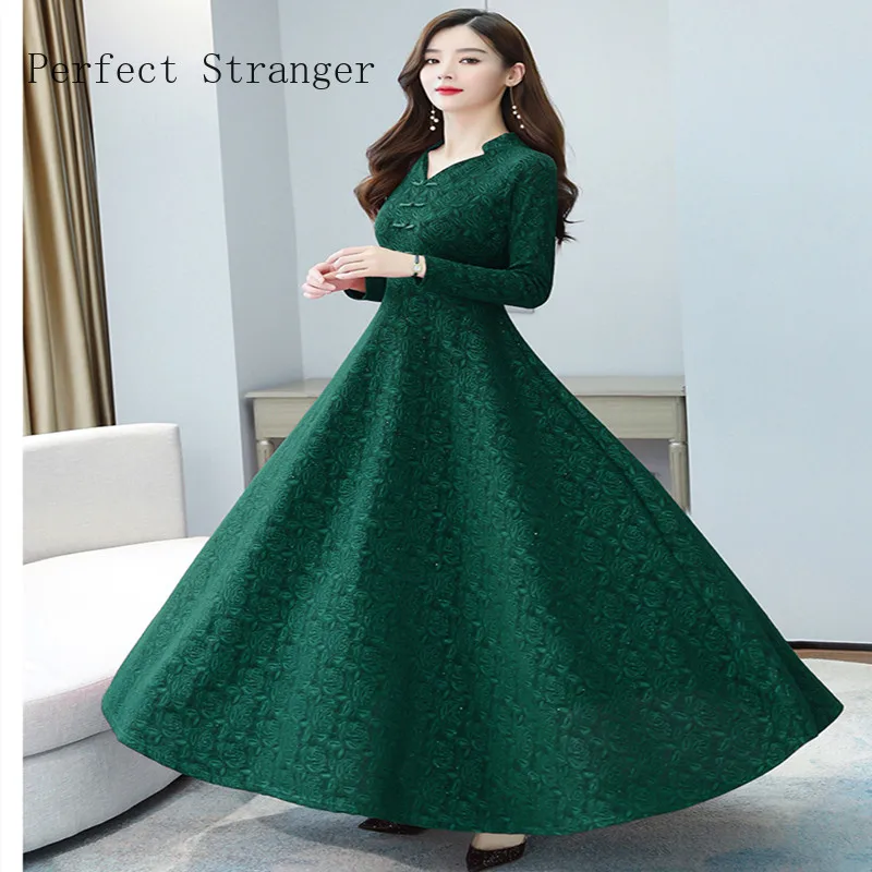 2021 Autumn New Arrival High Quality Hot Sale Cheongsam Style V Collar  Solid Color Long Sleeve Women Long Dress  M-3XL