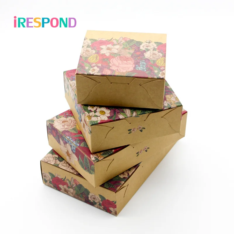 12/20PCS Kraft Paper Gift Box Package Retro Flowers Cookies Candy Box Wedding Gift Packaging Food Present Craft Party Favors