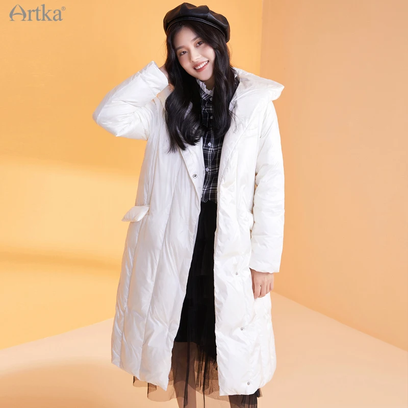 ARTKA 2021 Winter New Women Down Coat 3 Color Fashion Glossy 90% White Duck Down Coat Long Hooded Thicken Outerwear YK10388D