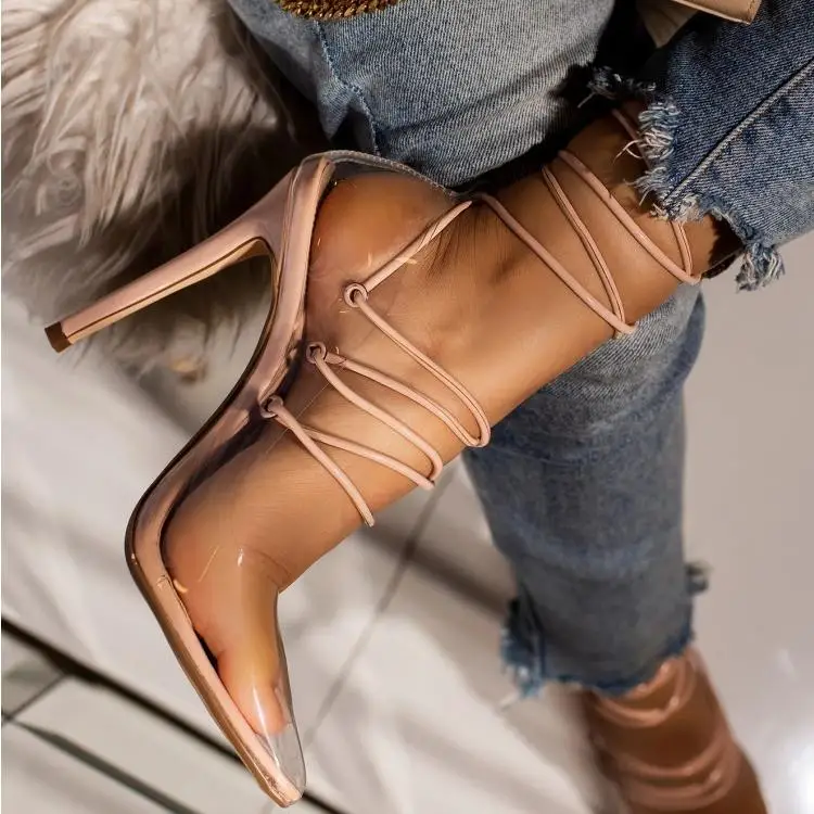 Clear PVC Patchwork Lace up High Heels Pointed toe Eeylet Pumps Ladies Transparent Stiletto Heels Fashion Banquet Dress Shoe