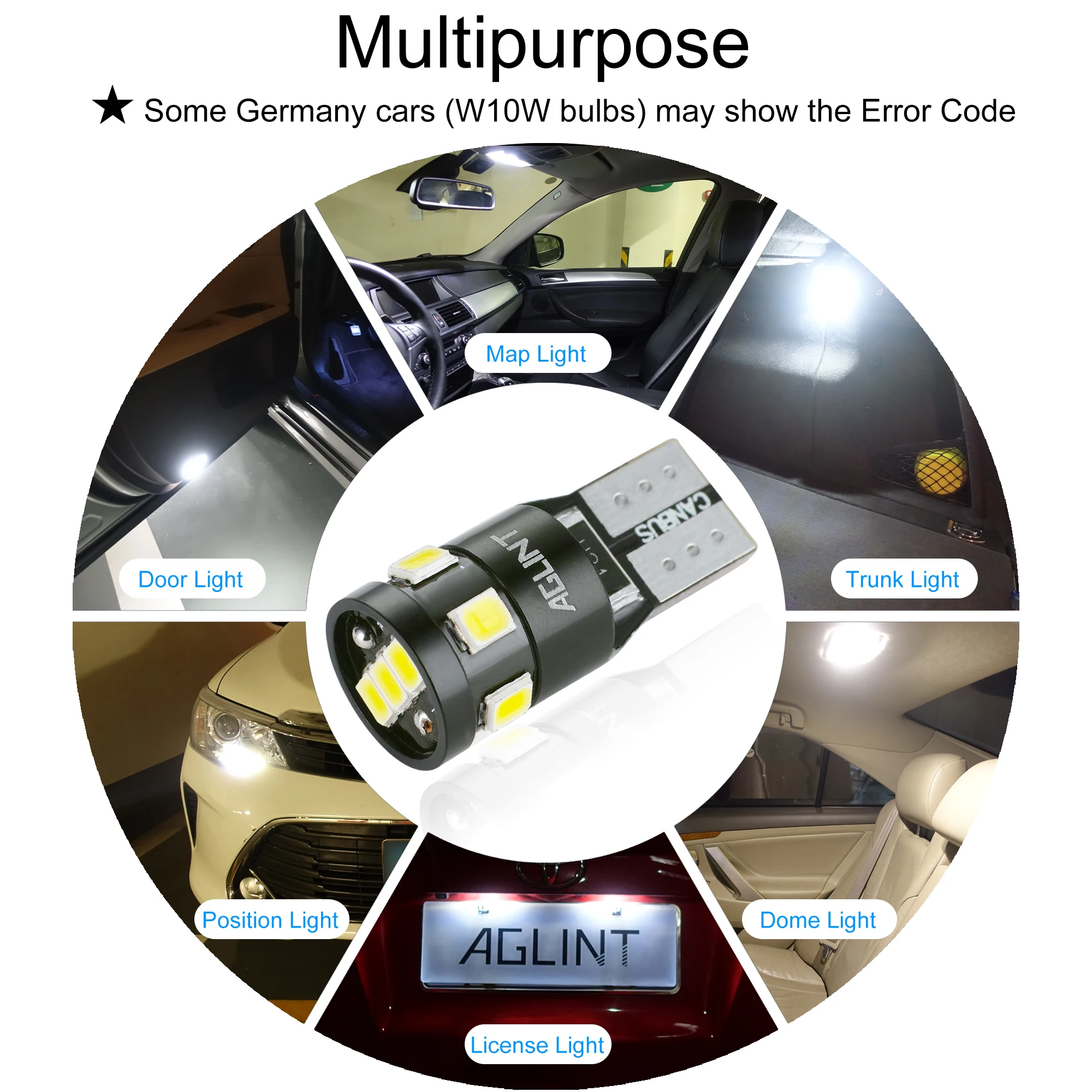 AGLINT 10pcs T10 W5W Led Canbus 오류 없음 194 168 2825 9-SMD 2835 칩셋 자동차 돔지도 도어 트렁크 번호판 조명 흰색 썸네일 6