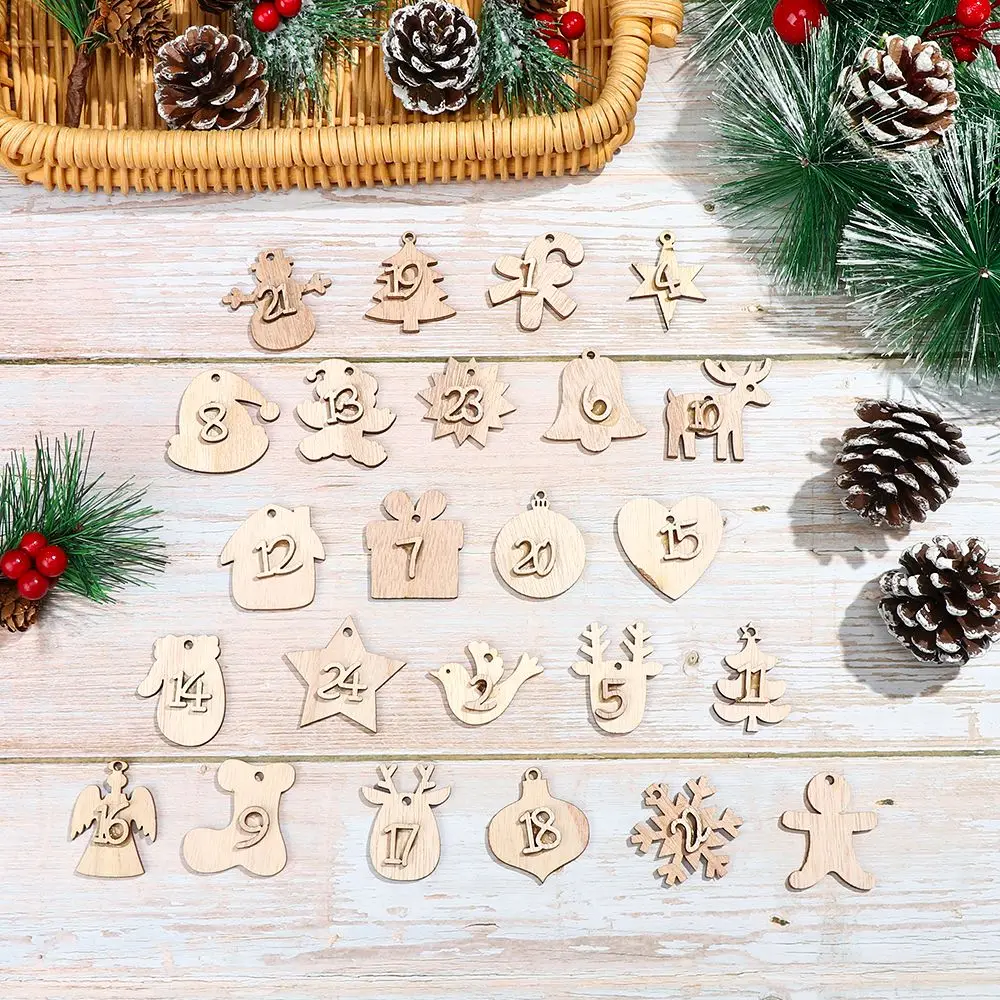 Biscuit Package Xmas Ornament Gift Bags Decor Countdown Hanging Tags Christmas Advent Calendar Wooden Pendant Number Label