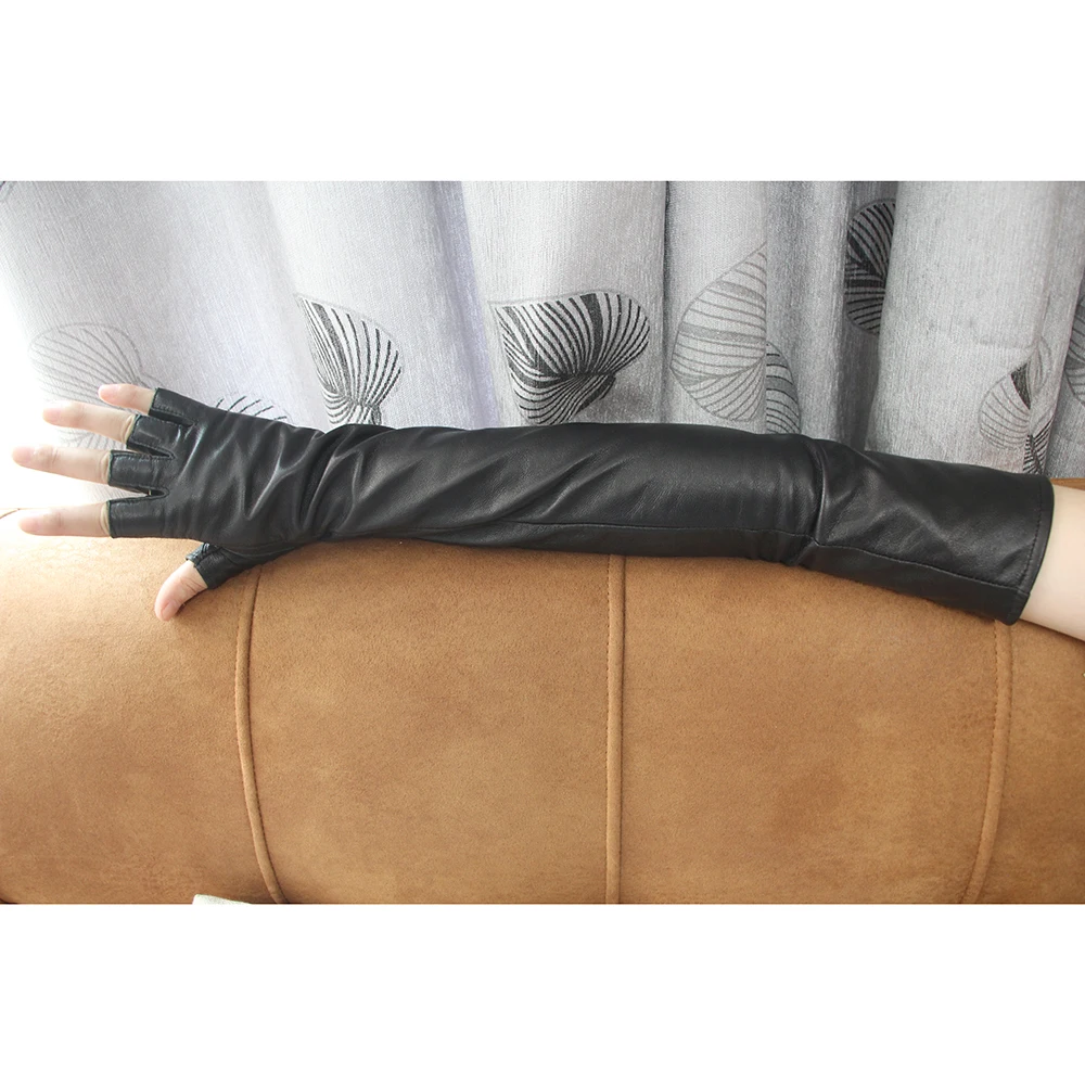 Women's Genuine Leather Gloves Fingerless Unlined Half Fingers Ladies Driving Gloves Black Warm winter Fashion gloves Velvet