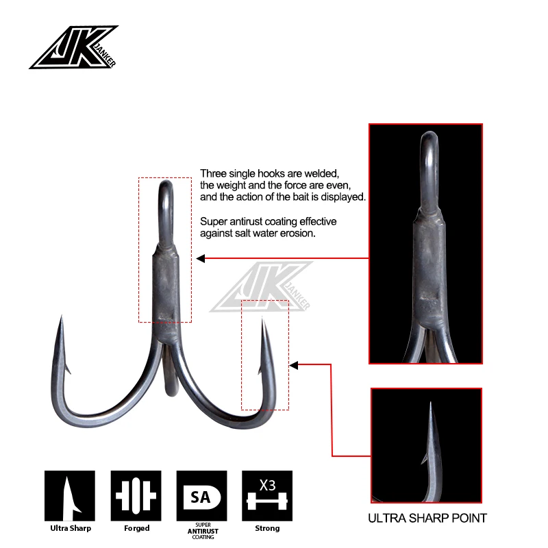 Anzuelos triples JK JS-37 gris 3X antioxidante para pesca marina - imagen 2