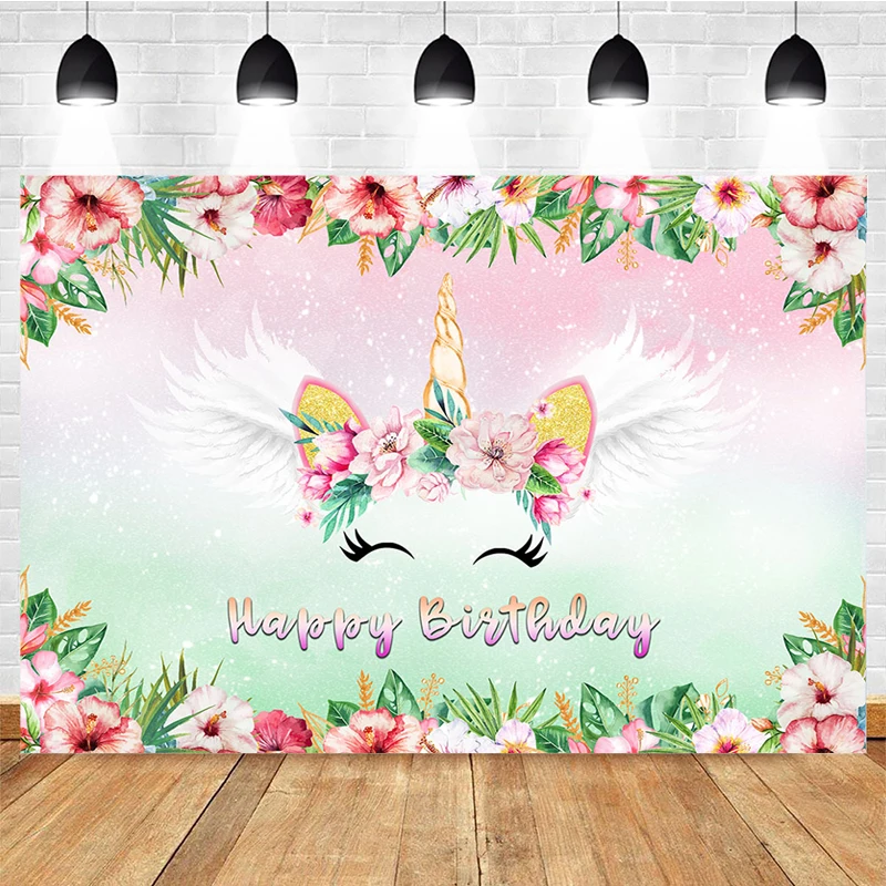 Mocsicka Unicorn Theme Photography Background Wings Tropical Flowers Decoration Props Birthday Party Photo Backdrop Banner