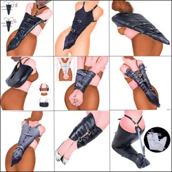 BDSM Bondage Leg/Arm Binder,Behind Back Straight Jacket,SM Leather Armbinder Restraint Slave Lockable Glove With Shoulder Straps