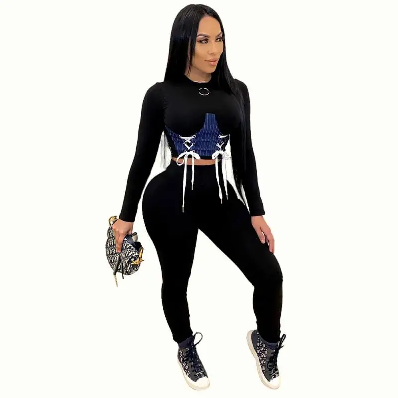 Casual women's sportswear two-piece string loop crop top trousers 2-piece sports suit high street outdoor wear