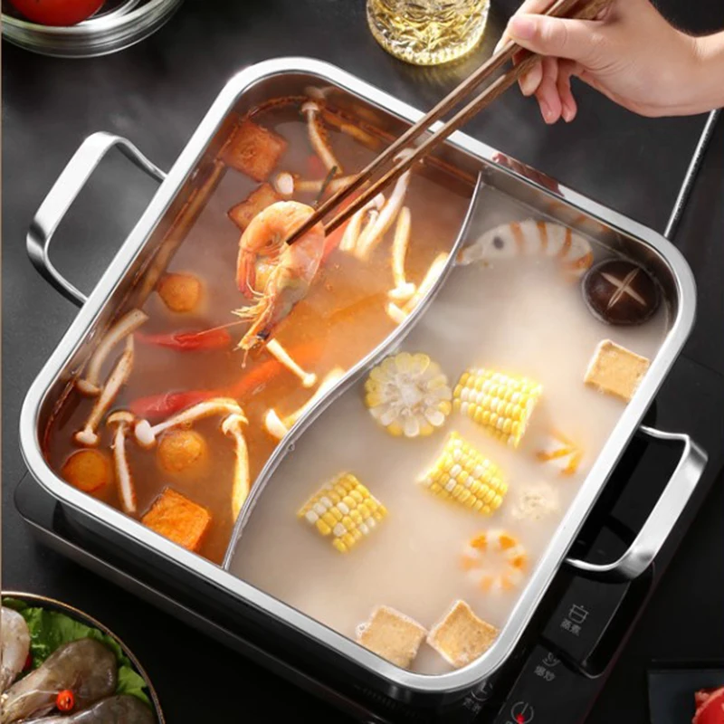 Home Kitchen Stainless Steel Hot Pot Divided Chinese Mandarin Duck Hotpot Shabu Thick Bottom Chafing Dish Gas Induction Cooker