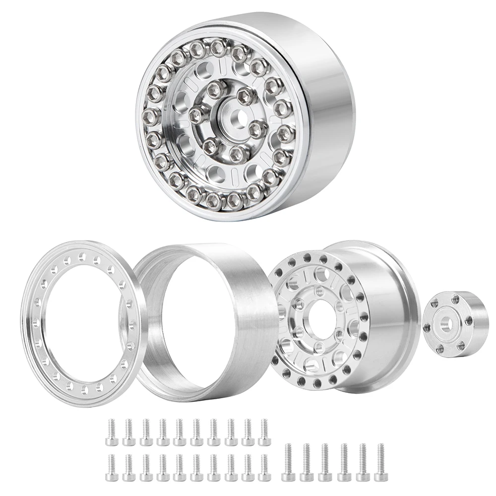 AXSPEED 4Pcs Silver 1.0'' Metal Beadlock Wheel Rims Hubs for Axial SCX24 90081 AXI00001 AXI00002 1/24 RC Car Truck Accessories