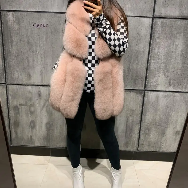 Fluffy Faux Fox Fur Coat Fake Fox Fur Vest Ladies Fur Coats with Leather Belt Women Winter Fashion Jacket Thick Warm Overcoat