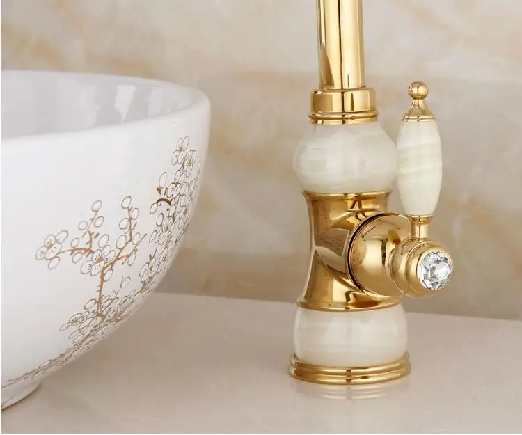 

Vidric Fashion luxury high quality solid brass and natural jade construction hot and cold gold finish basin faucet bathroom sink