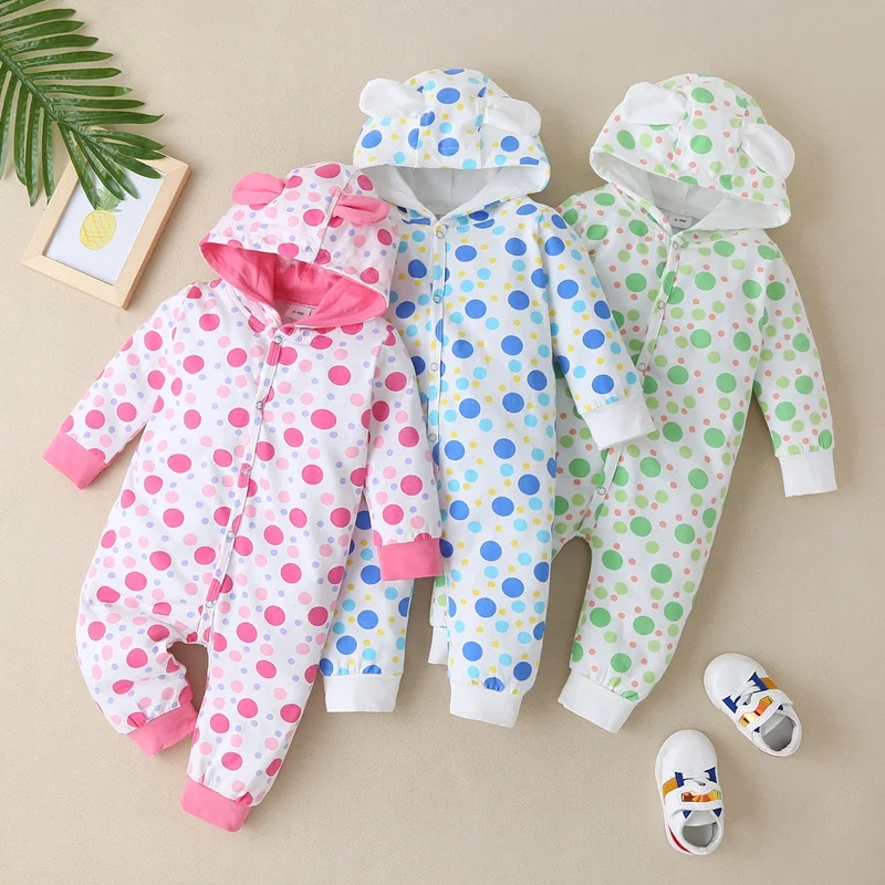 Winter Baby Girl Clothes Cotton Dot Print Cute Colorful Long Sleeve Single Breasted Hooded Baby Romper Warm Baby Jumpsuit 0-18M