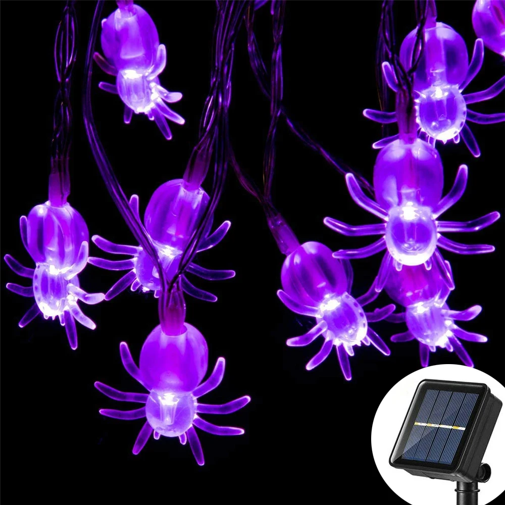 

Solar Powered Halloween Decoration String Lights 20/30/50leds Purple Spider String Lights Waterproof Home Garden Holiday Lights
