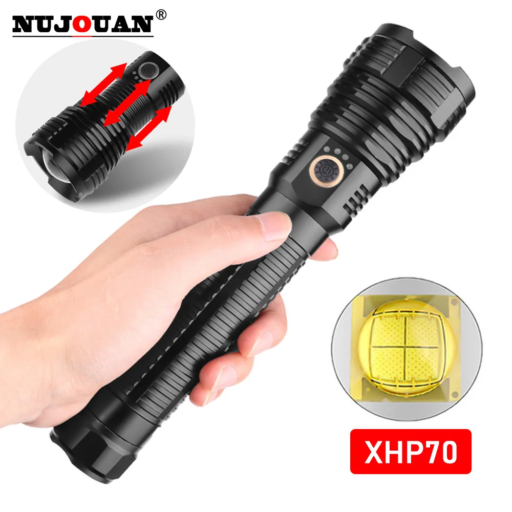 Lanterna LED ultra brilhante com contas de lâmpada LED XHP70.2, tocha à prova d'água com zoom, 5 modos de iluminação, carregamento USB multifuncional