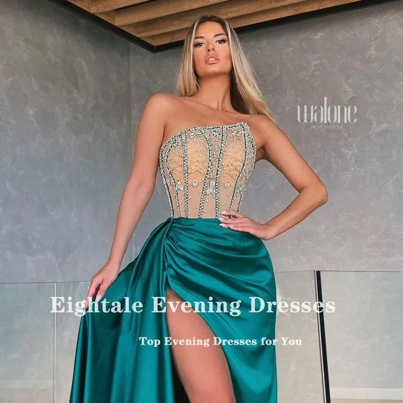 Eightale verde vestidos de noite frisado lado alto split cetim sereia vestido de baile árabe strapless feito sob encomenda longo vestido de festa