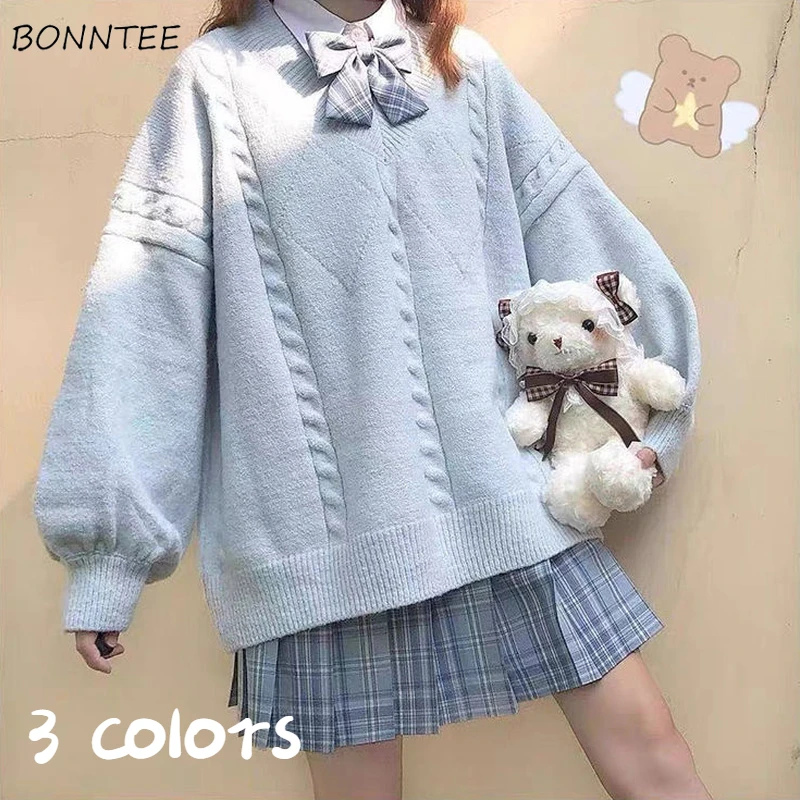 Sweater Women All-match Spring Chic College Kawaii Clothing V-Neck Sweet Solid Loose-fitting Jumpers Knitting Friends Pullovers