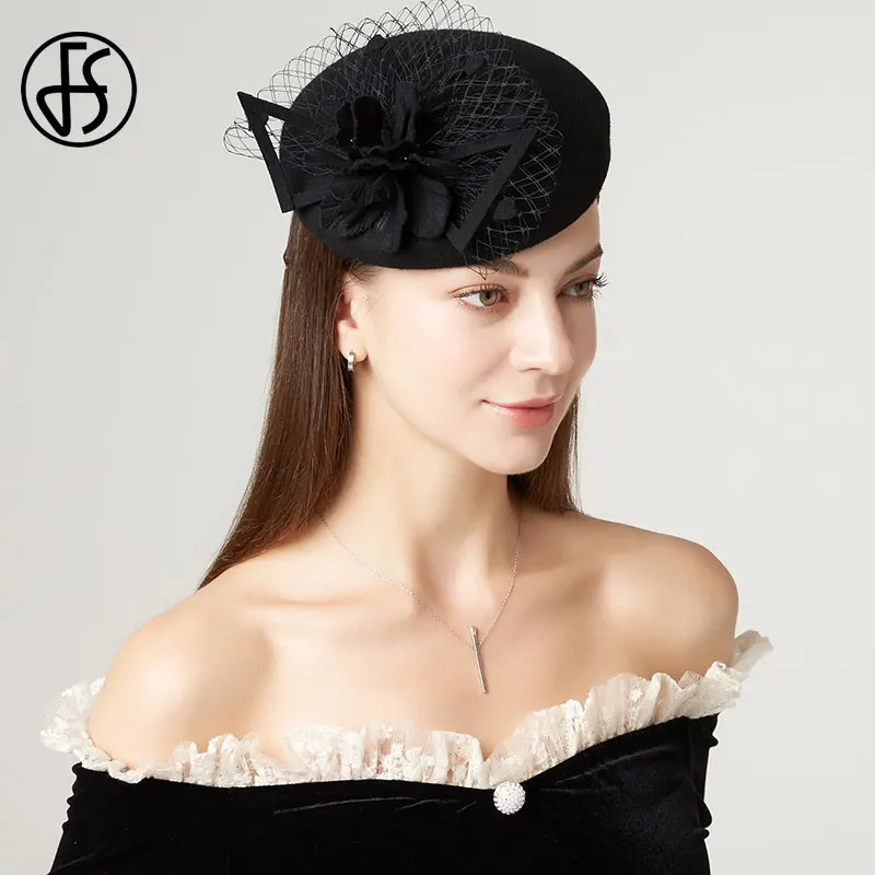 FS 2023 New Vintage Black 100% Wool Hats For Women Fashion Fedora Hat Mesh Flower Hat Wedding White Elegant Ladies Pillbox Hat