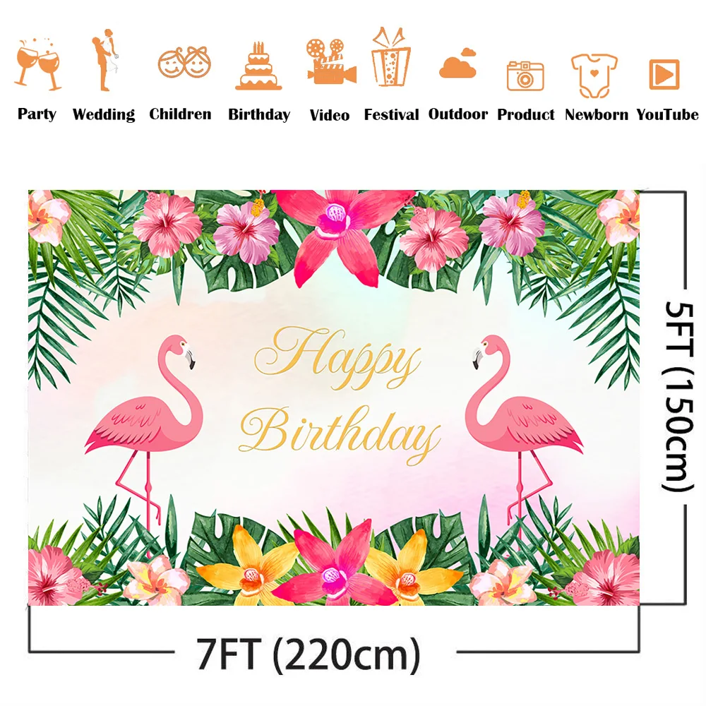 Happy birthday summer backdrop for photography flamingo party decoration background for photo booth studio safari jungle forest